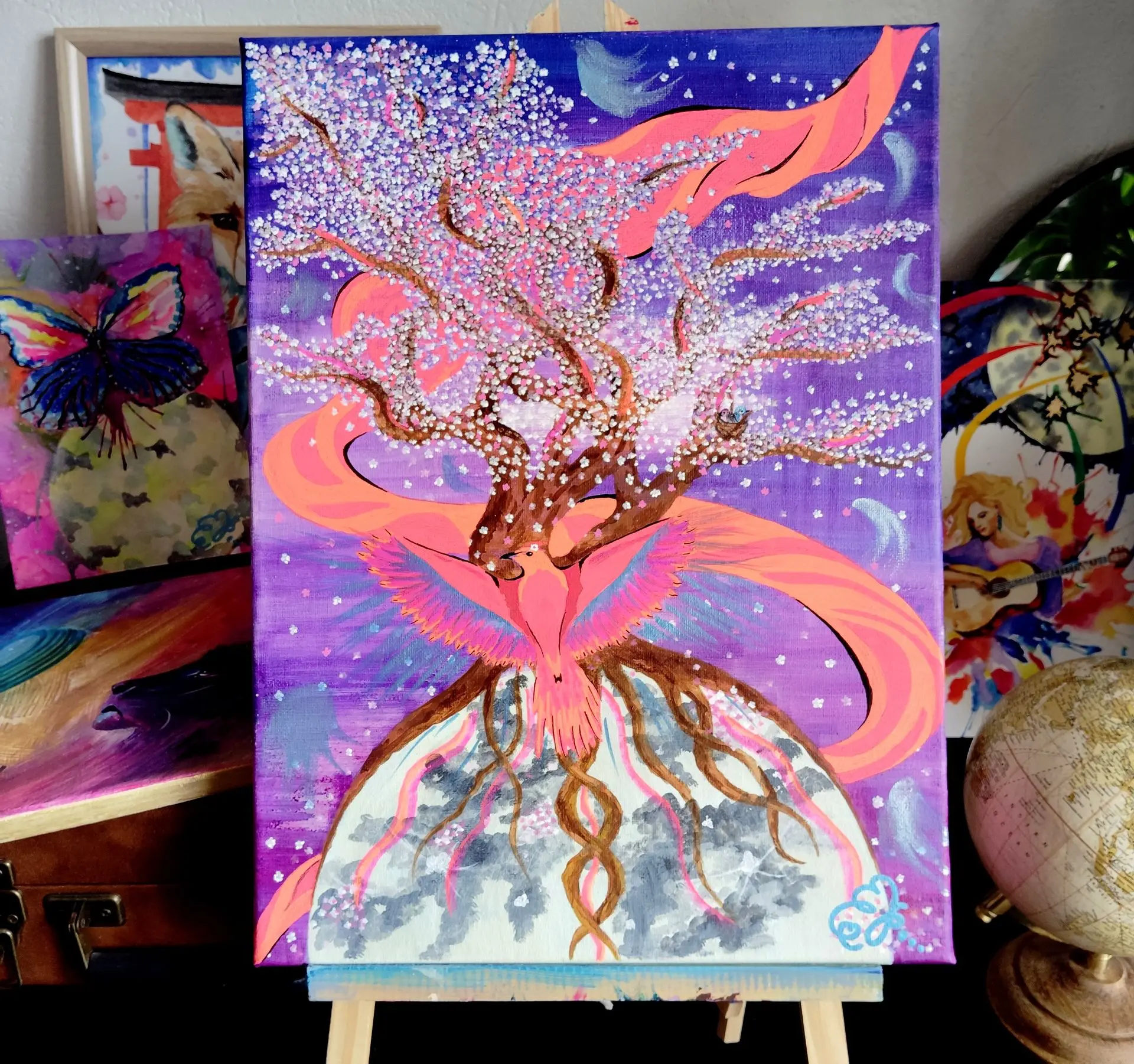 An acrylic painting on canvas representing a phoenix, using the energy of the moon to rise up from its ashes